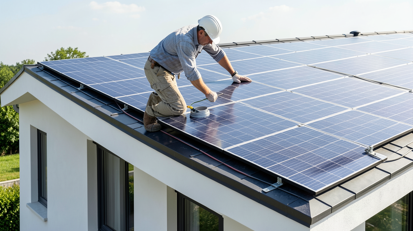 enr photovoltaique technicien installant des panneaux solaires sur un toit résidentiel