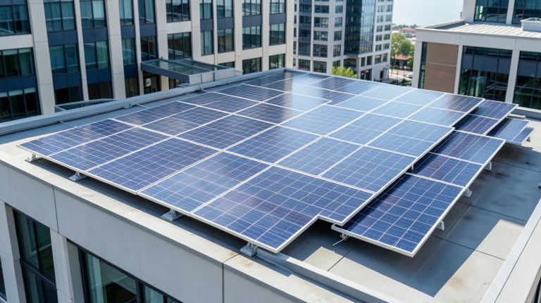 enr photovoltaique montrant des panneaux solaires installés sur le toit d'un bâtiment de bureaux contemporain sous la lumière du jour