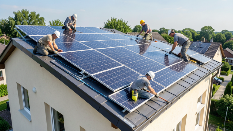 entreprise d installation de panneaux photovoltaique équipe professionnelle installant des panneaux solaires sur un toit ensoleillé