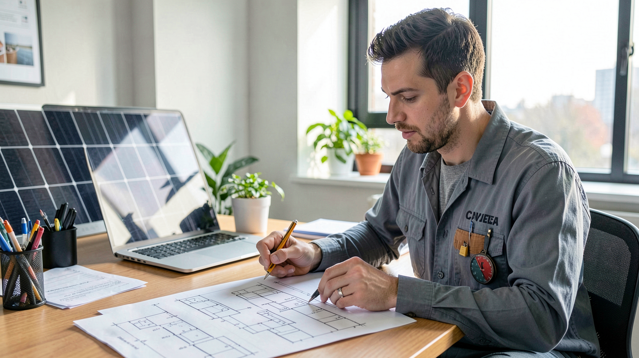 entreprise de panneau solaire : bureau moderne avec technicien analysant des plans techniques