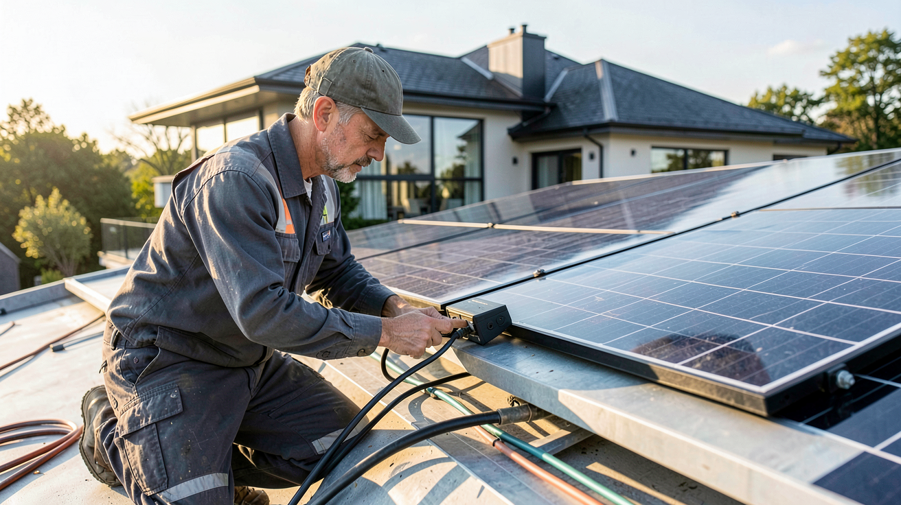 entreprise de panneau solaire montrant les étapes d'un projet solaire avec un technicien effectuant un audit sur un toit équipé de panneaux solaires