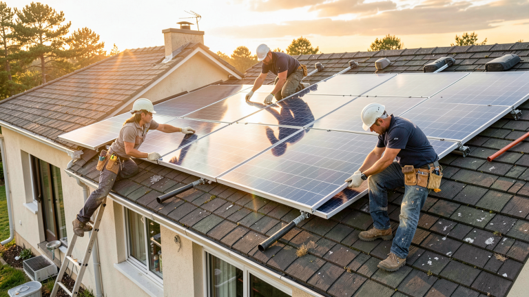 entreprise de panneau solaire installant des panneaux sur une toiture de maison individuelle