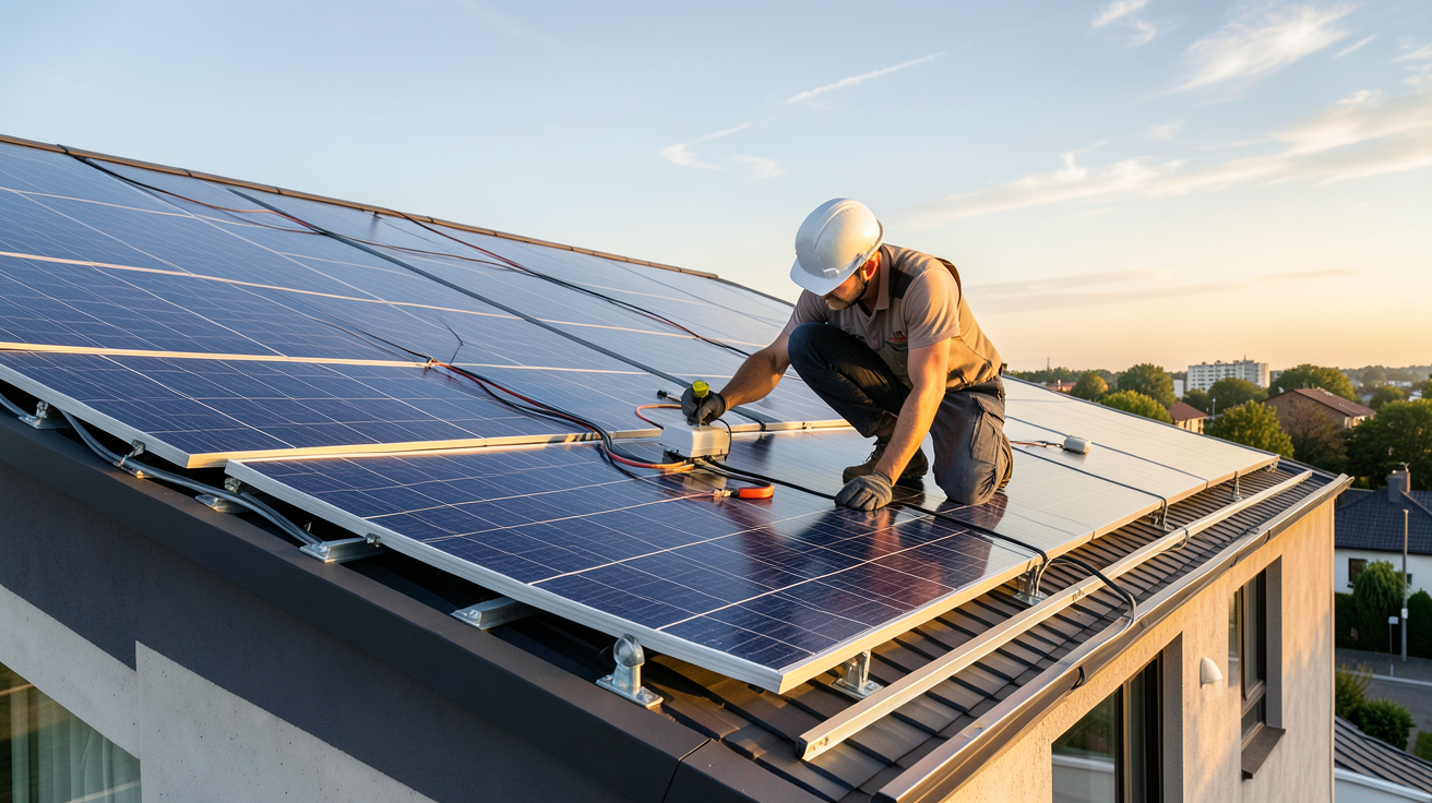 entreprise de panneaux photovoltaïques installant des panneaux sur le toit d'une maison moderne en 2026