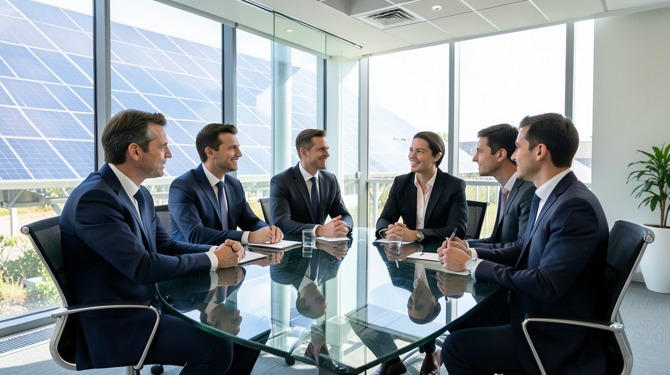 entreprise de photovoltaïque discutant des critères essentiels autour d'une table en verre avec vue sur des panneaux solaires