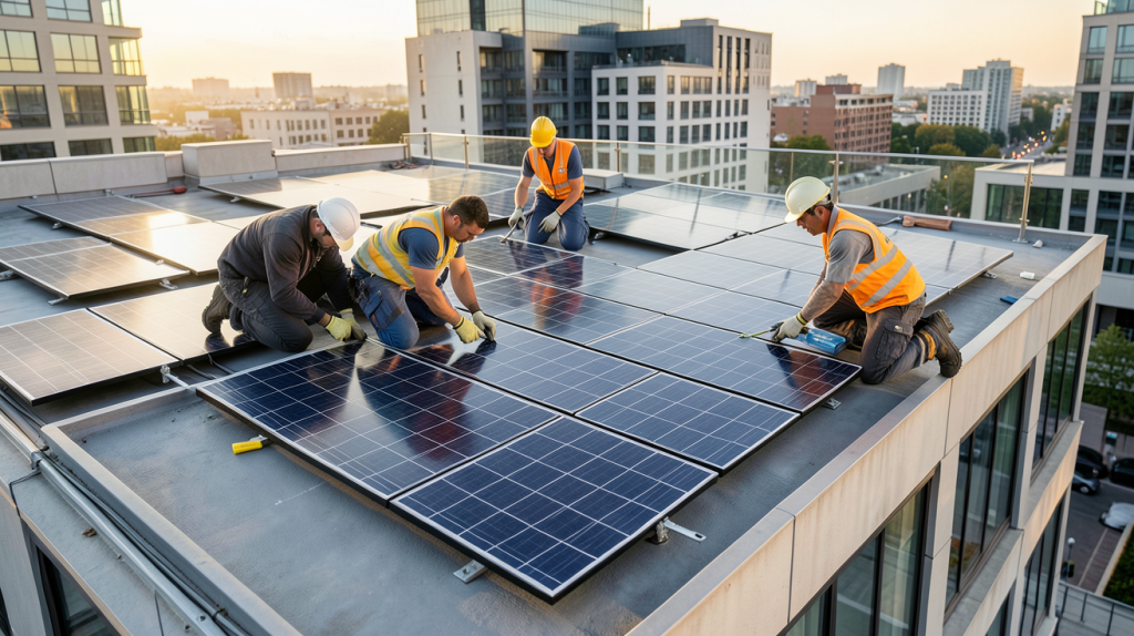 entreprise de photovoltaïque en train d'installer des panneaux solaires sur une toiture urbaine