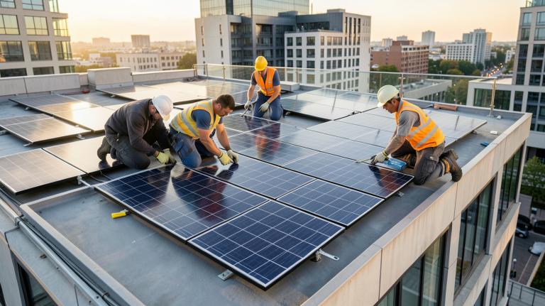 entreprise de photovoltaïque en train d'installer des panneaux solaires sur une toiture urbaine