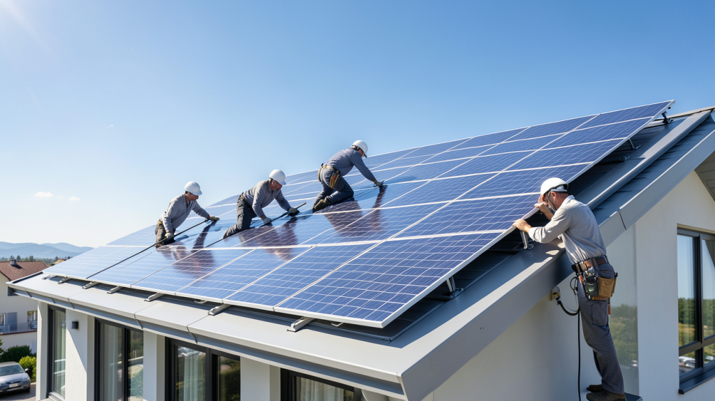 entreprise energie solaire installant des panneaux photovoltaïques sur un toit