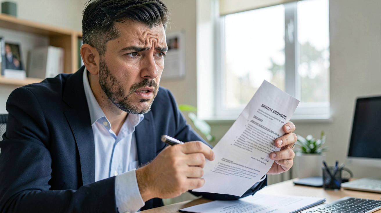 entreprise installation panneau solaire montrant un client méfiant examinant un contrat de vente.
