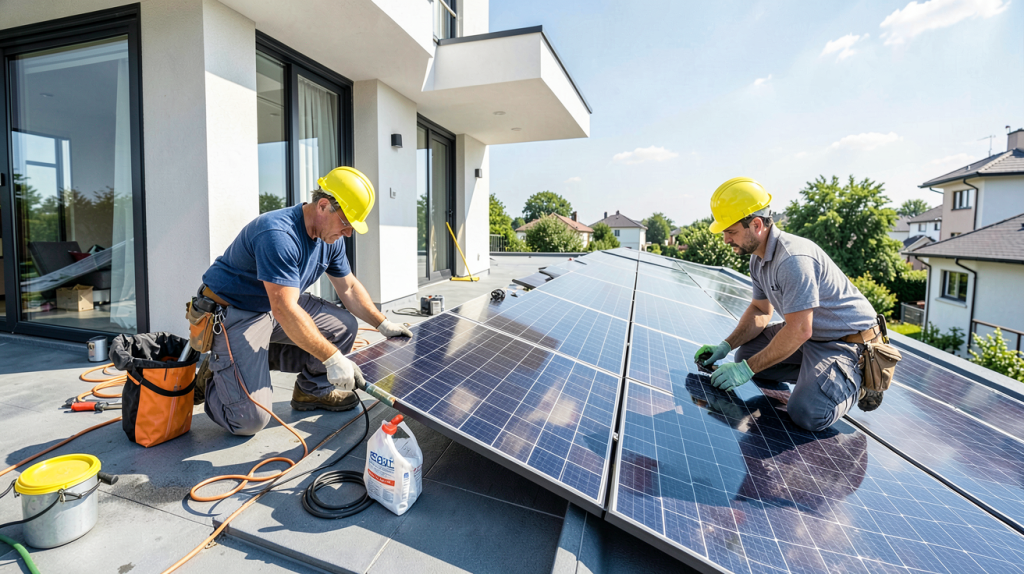 entreprise installation panneau solaire par des experts sur un toit résidentiel