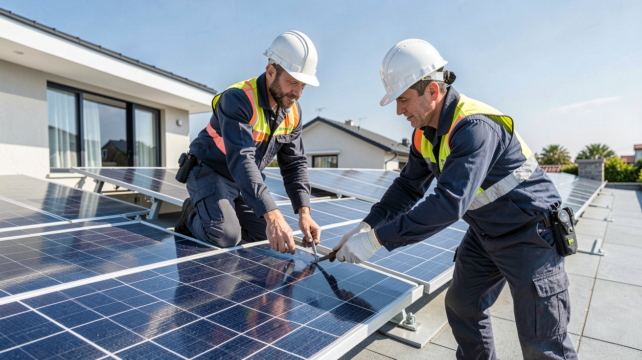 entreprise installation panneau solaire avec des techniciens qualifiés travaillant sur un toit