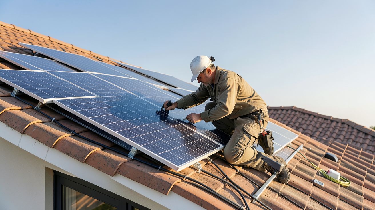 entreprise d'installation de panneaux photovoltaïque en action : technicien installant des panneaux solaires sur une toiture moderne