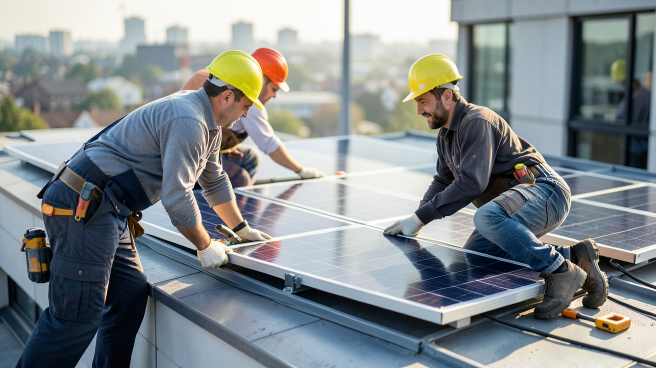 entreprise installation panneaux photovoltaique : équipe d'installateurs posant des panneaux solaires sur le toit d'une entreprise moderne