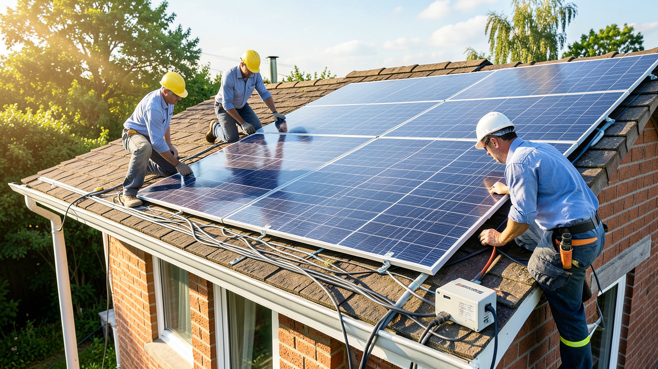 entreprise installation panneaux photovoltaique en train de poser des panneaux solaires sur un toit résidentiel