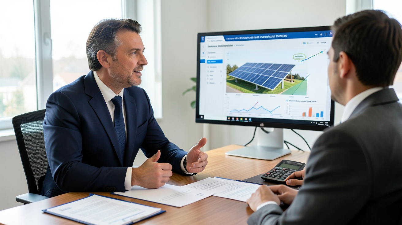 entreprise installation panneaux photovoltaique conseillant un client sur les aides et subventions pour financer son projet