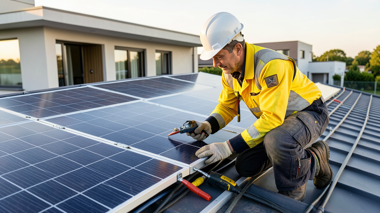 entreprise d'installation de panneaux photovoltaïque : installateur professionnel vérifiant l'installation de panneaux solaires sur un toit résidentiel