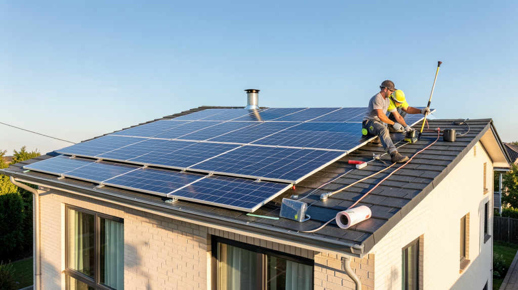 entreprise installation panneaux photovoltaique en train de poser des modules sur le toit d'une maison moderne