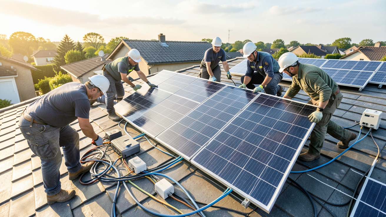 entreprise installation photovoltaique réalisant les étapes clés d'un projet photovoltaïque professionnel sur un toit résidentiel