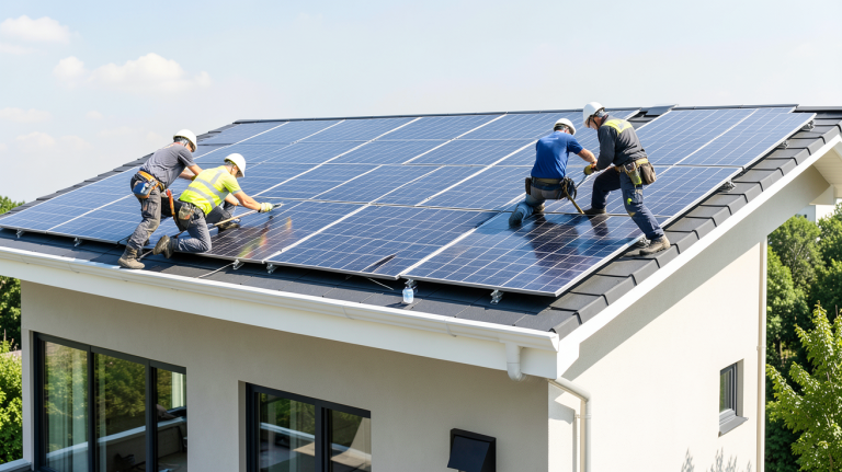 entreprise installation photovoltaique avec des techniciens posant des panneaux solaires sur un toit