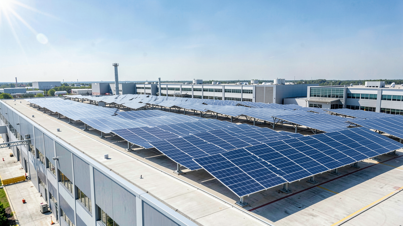 entreprise panneau solaire installant des modules photovoltaïques sur un toit industriel