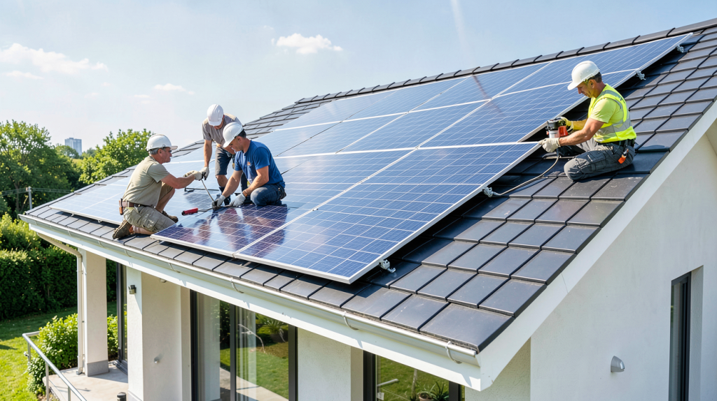 entreprise panneau solaire installant des panneaux photovoltaïques sur un toit de maison moderne