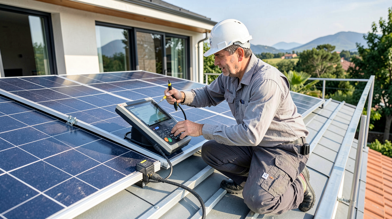 entreprise panneau solaire représentée par un technicien expert vérifiant une installation photovoltaïque sur un toit