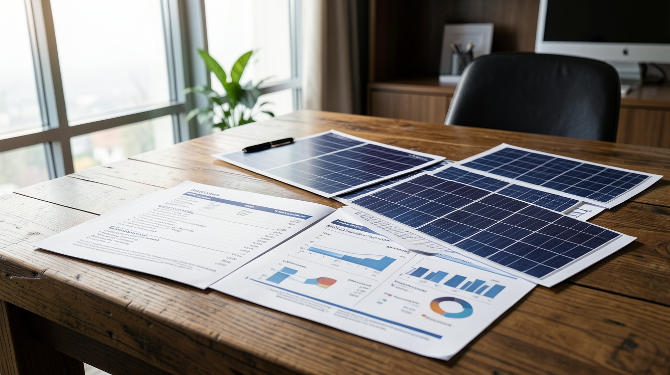 entreprise panneaux photovoltaïque analysant un devis détaillé sur des documents étalés dans un bureau lumineux