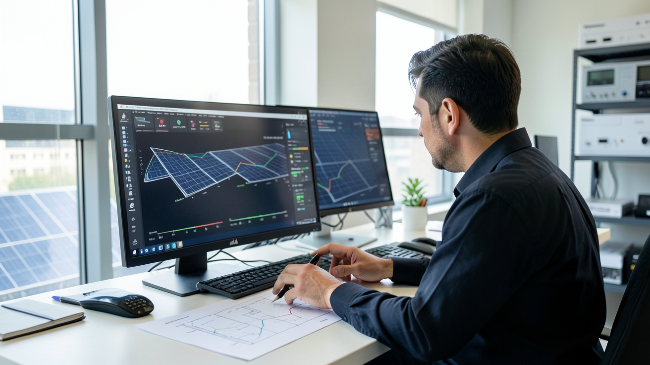 entreprise panneaux photovoltaïque réalisant une étude technique préalable avec un ingénieur analysant des plans solaires