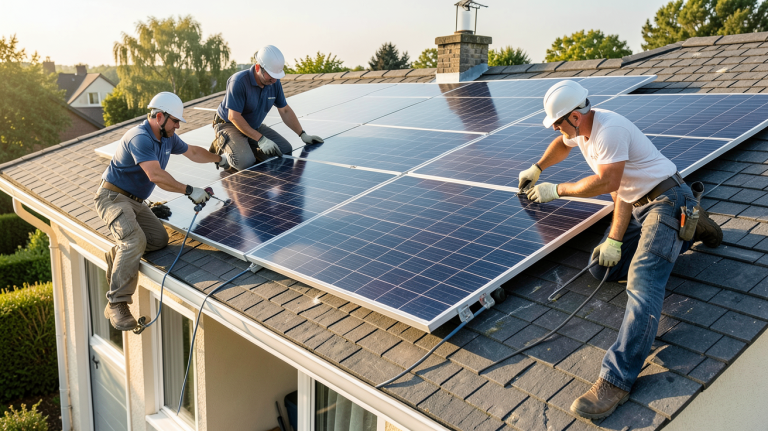 entreprise panneaux photovoltaïque installant des panneaux solaires sur le toit d'une maison