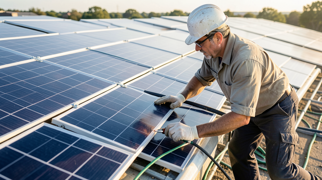 entreprise de panneaux photovoltaïques installateur professionnel vérifiant l'étanchéité d'une toiture équipée de panneaux solaires