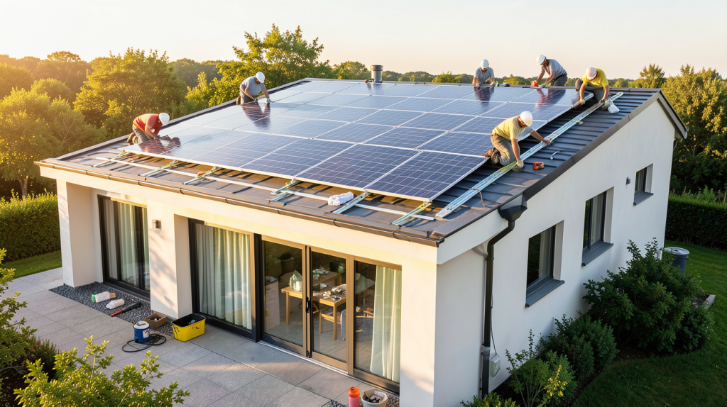 entreprise de panneaux photovoltaïques installant des panneaux solaires sur le toit d'une maison moderne