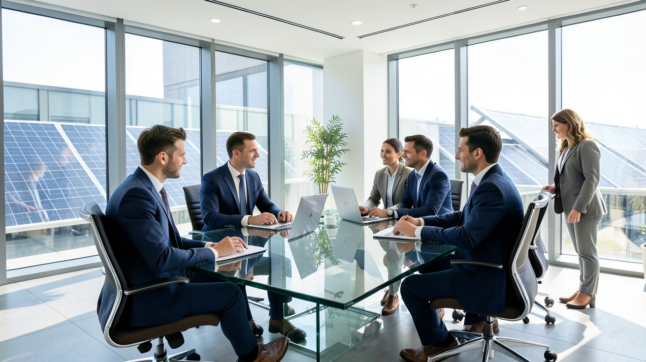 entreprise de panneaux photovoltaïques moderne avec employés en réunion dans un bureau lumineux