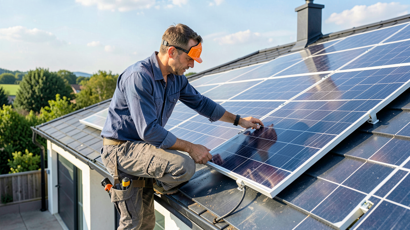 entreprise photovoltaique effectuant l'installation et le contrôle de panneaux solaires sur un toit résidentiel