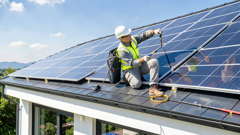 entreprise photovoltaique installant des panneaux solaires sur une toiture résidentielle