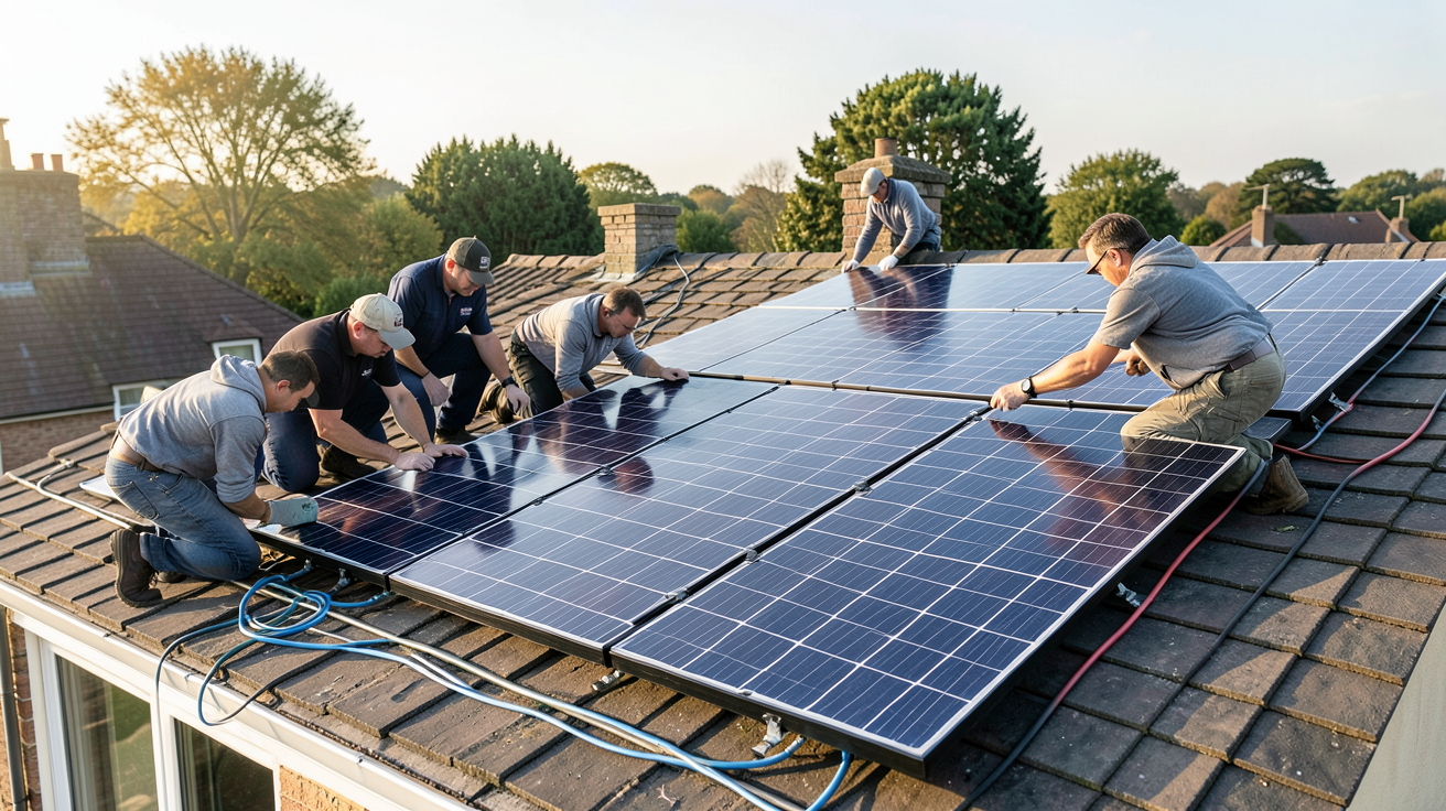 entreprise de photovoltaïque en train d'installer un système photovoltaïque sur le toit d'une maison