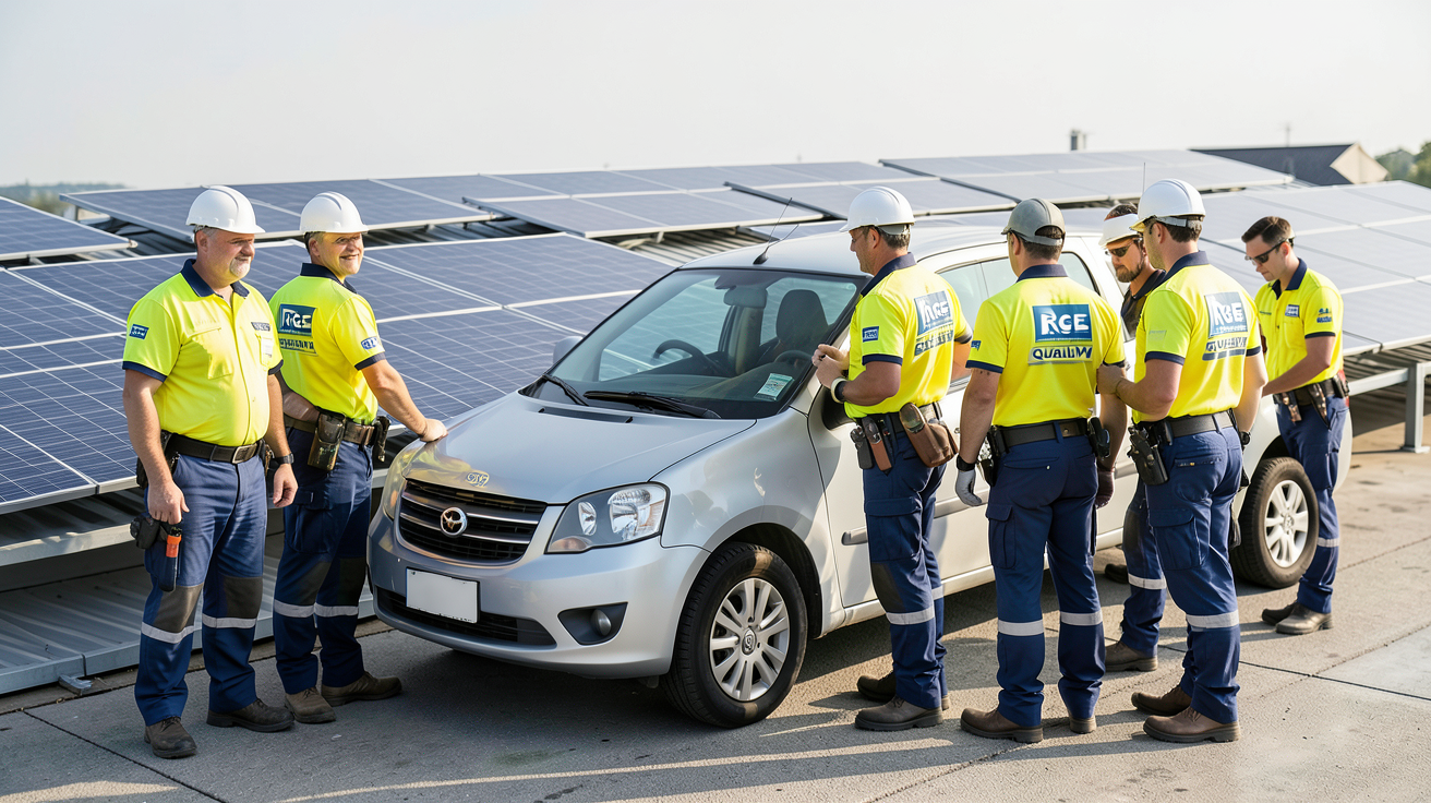 entreprise pose panneau solaire montrant une équipe de techniciens certifiés RGE et QualiPV devant des panneaux solaires installés