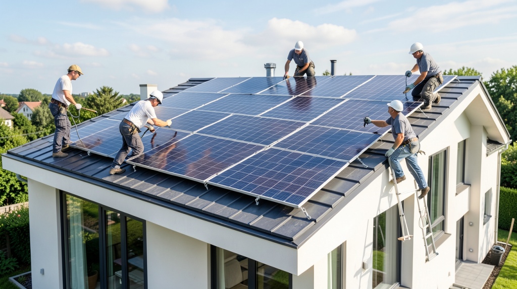 entreprise pose panneau solaire en train d'installer des modules sur un toit résidentiel