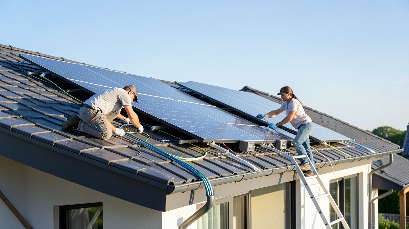 entreprise pose panneaux photovoltaïques : équipe professionnelle installant des panneaux solaires sur le toit d'une maison