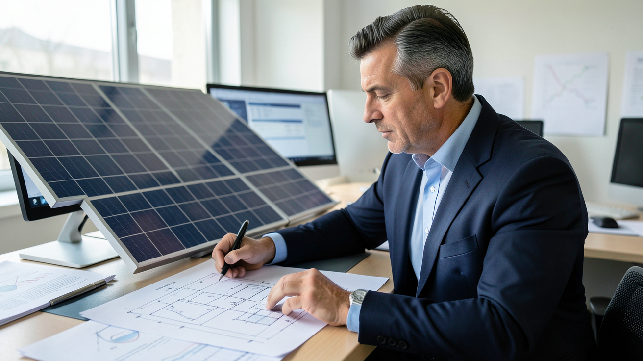 entreprise pose panneaux photovoltaïques réalisant une étude technique préalable avec un ingénieur analysant des plans