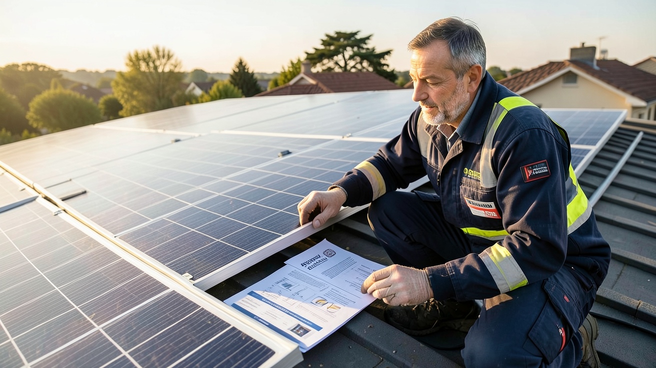 entreprise pose panneaux photovoltaïques vérifiant les garanties et assurances sur une installation résidentielle