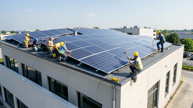 entreprise pose panneaux photovoltaïques installant des panneaux solaires sur le toit d'un bâtiment moderne