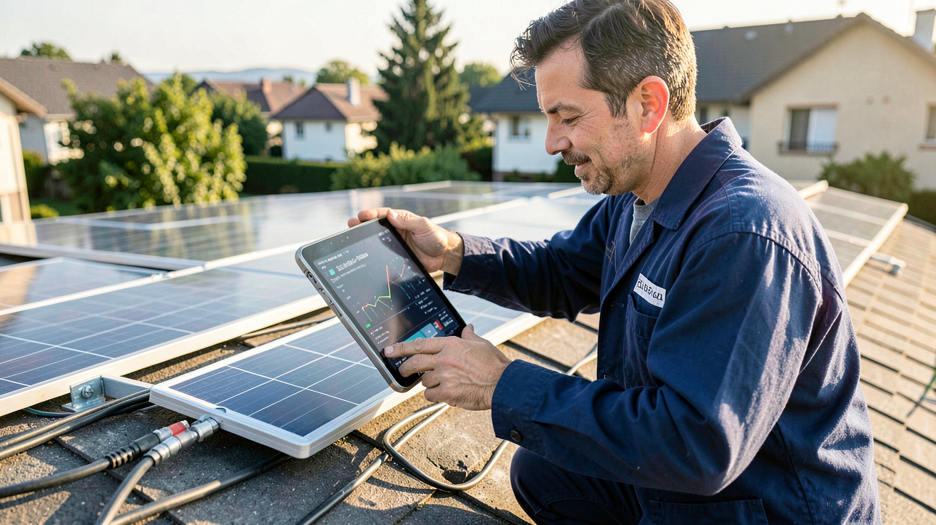 entreprise de pose panneaux photovoltaiques : technicien analysant les données de performance d'une installation solaire après installation