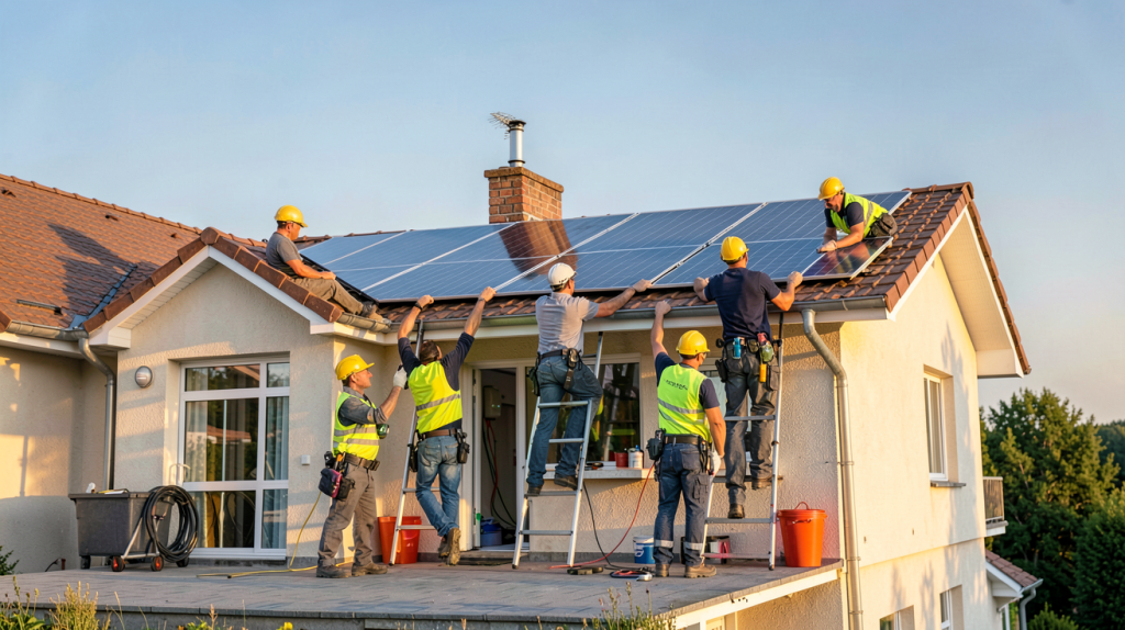 entreprise de pose panneaux photovoltaïques installant des panneaux solaires sur le toit d'une maison moderne