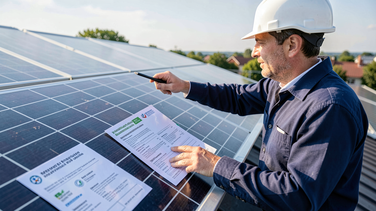 entreprise de pose panneaux photovoltaïques vérifiant les certifications et labels obligatoires sur un panneau installé en toiture