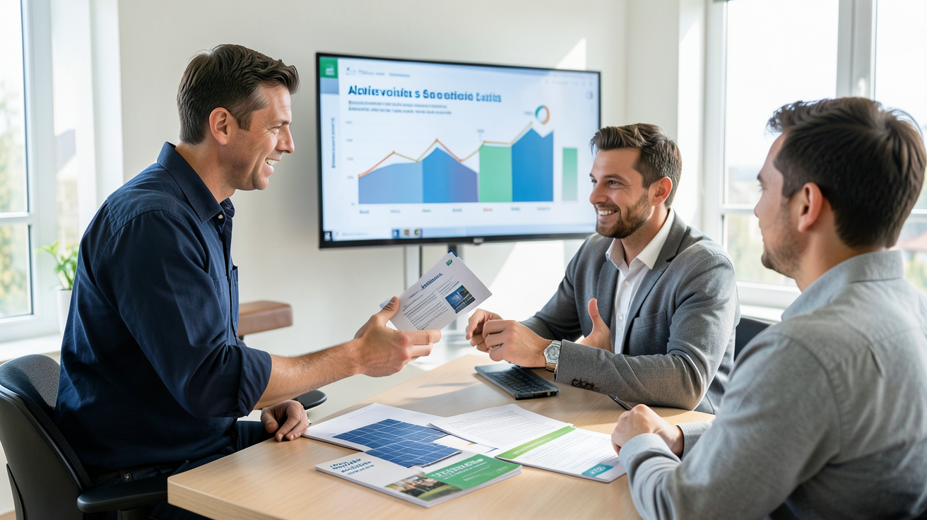 entreprise de pose de panneaux solaires expliquant les aides financières disponibles à un client
