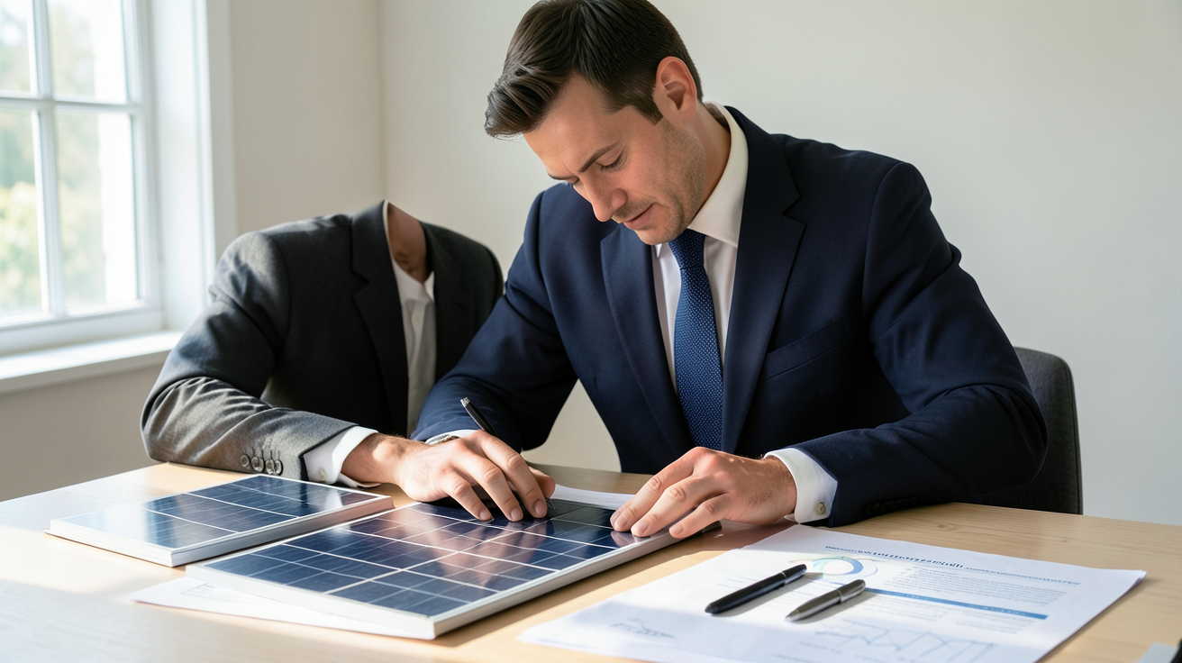 entreprise de pose de panneaux solaires analysant un devis technique sur une table en bois clair