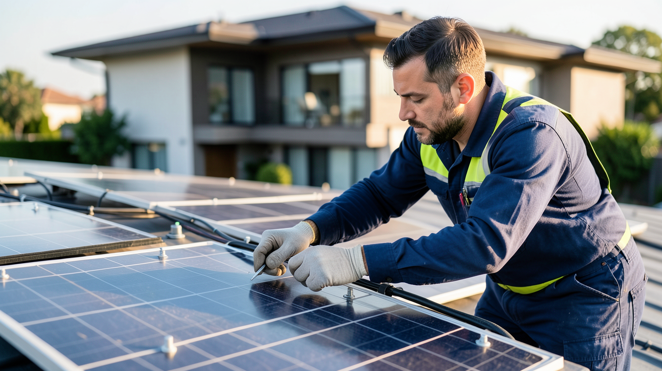 entreprise de pose de panneaux solaires vérifiant les installations sur un toit résidentiel