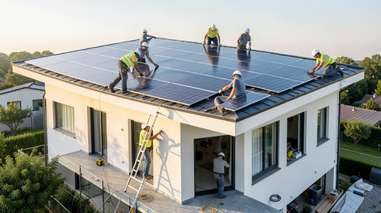 entreprise de pose de panneaux solaires installant des panneaux photovoltaïques sur le toit d'une maison