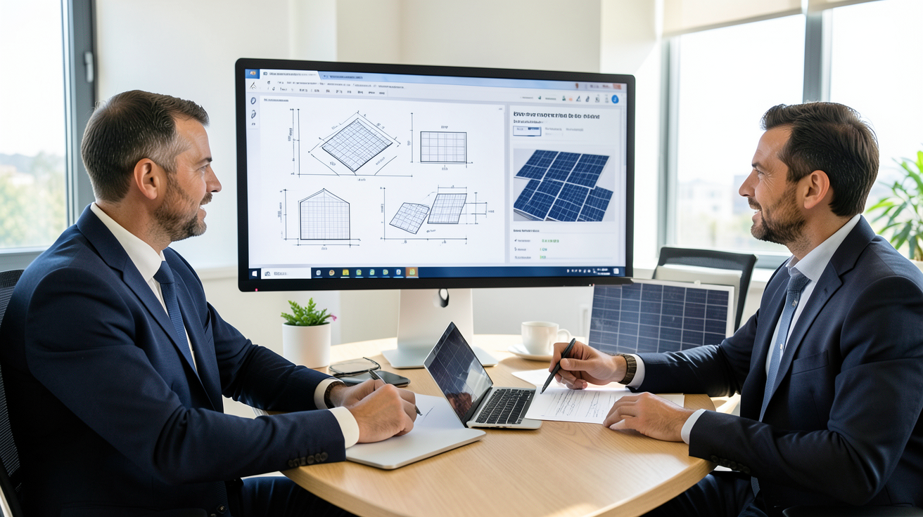 entreprise solaire photovoltaïque illustrant les étapes d'un projet en entreprise avec plans techniques et échantillons de panneaux