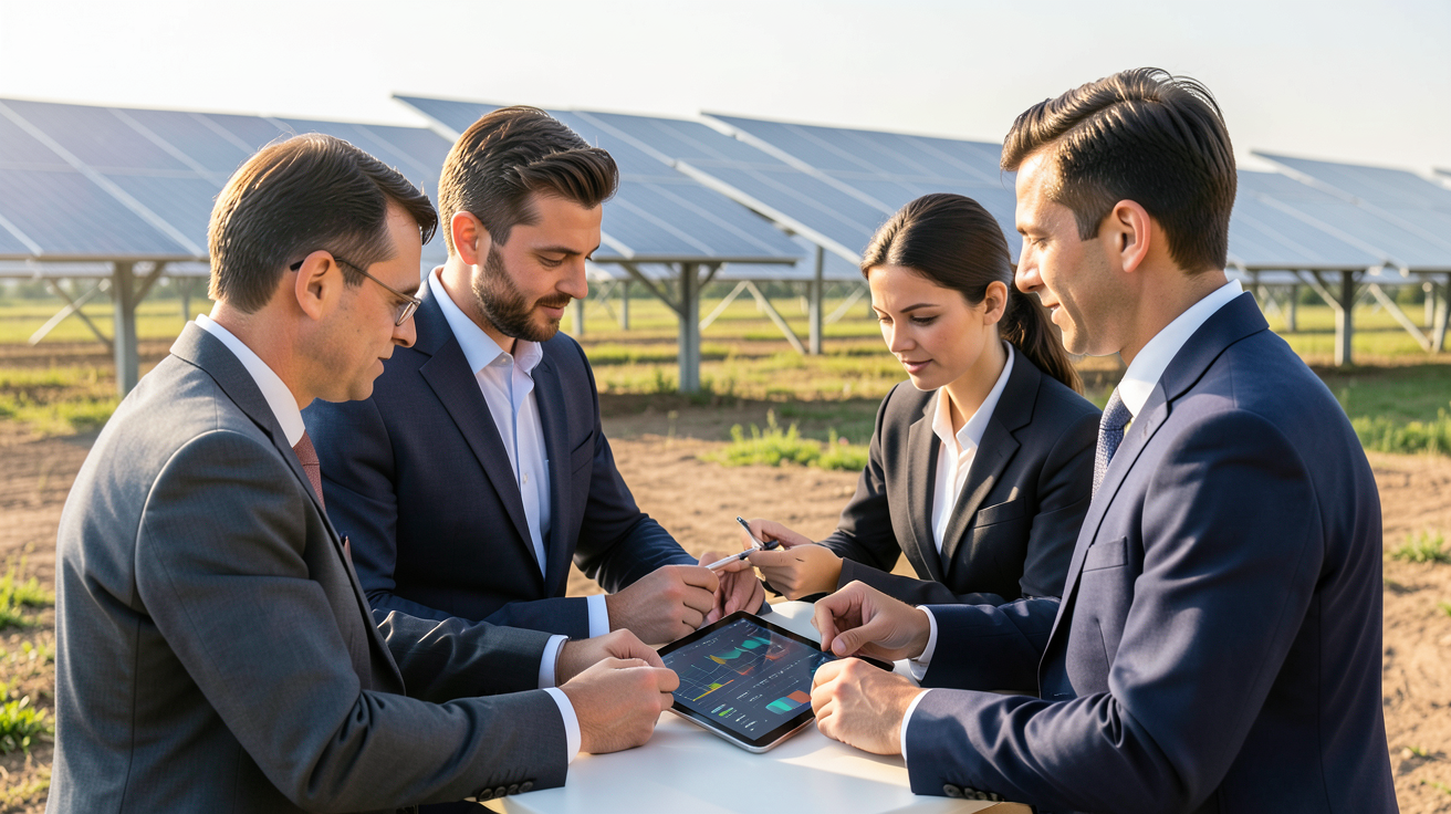 entreprise solaire photovoltaïque analysant des retours d'expérience par secteur devant un parc solaire