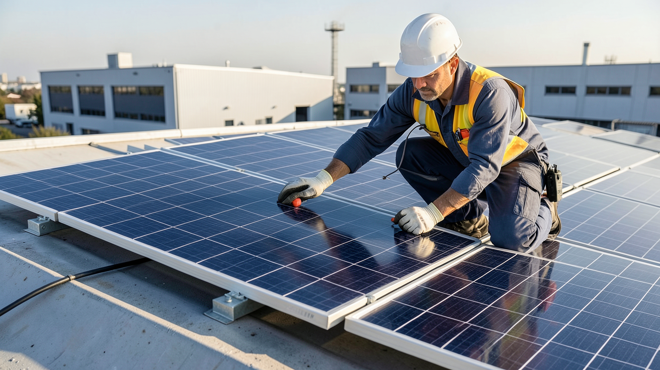entreprise solaire photovoltaïque : installateur professionnel vérifiant des panneaux solaires sur le toit d'une entreprise